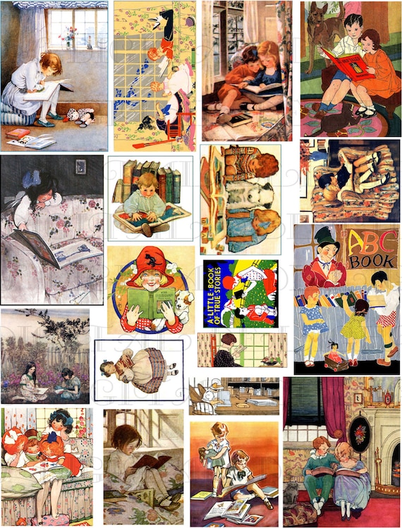 Children Reading Clip Art: Vintage Illustrations Collage Sheet (Digital Download)