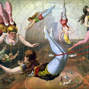 Affiche de CIRQUE antique. Illustration vintage de femmes trapézistes. TÉLÉCHARGER Cirque numérique vintage. impression vintage de cirque de trapéziste.