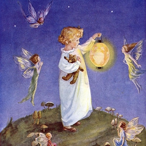 In A Fairy Circle. Little Girl With Lantern Surrounded By Fairies. VINTAGE  Illustration. Digital Download. Vintage Print