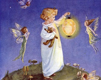 In A Fairy Circle. Little Girl With Lantern Surrounded By Fairies. VINTAGE  Illustration. Digital Download. Vintage Print