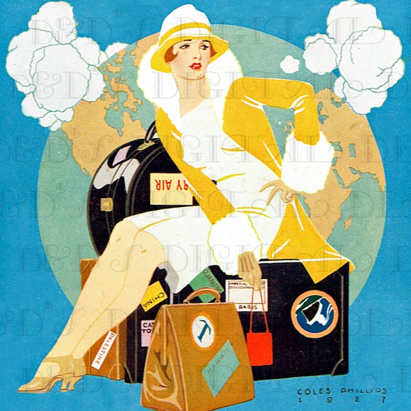 Off To Unknown Lands! Coles Phillips Vintage Travel Illustration. Art Deco Flapper Digital Download. Perfect for Bon Voyage Cards!
