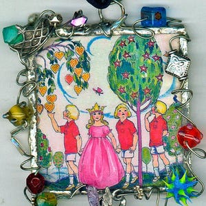 May include: A silver framed picture with a vintage fairy tale illustration of three children in a garden setting. The picture is surrounded by colorful beads and wire, and a silver fairy charm hangs from the bottom.