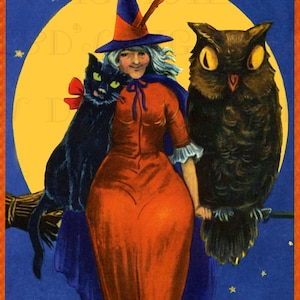 WITCH, Big Eyed Owl and Black Cat VINTAGE Illustration. Vintage Halloween Digital Download. Vintage HALLOWEEN Postcard Digital Download.
