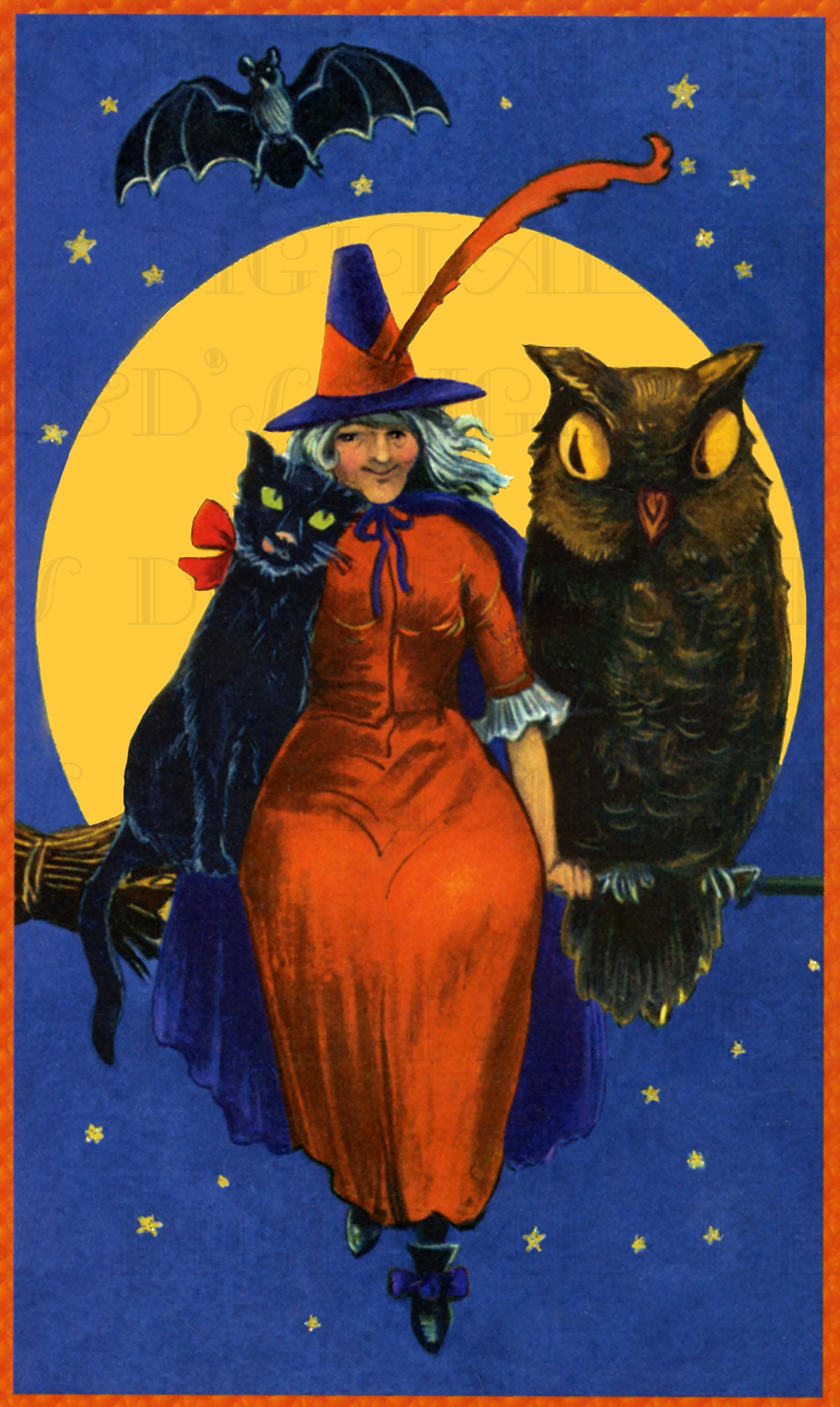 Vintage Halloween Postcard: Big Eyed Owl, Witch and Black Cat Illustration (Digital Download)