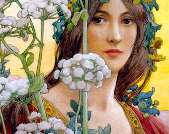 Wunderschöne blumengekrönte Jugendstil Dame! VINTAGE Digitale ILLUSTRATION. Digitaler DOWNLOAD. Digitaldruck. Druckbares Jugendstil Bild.
