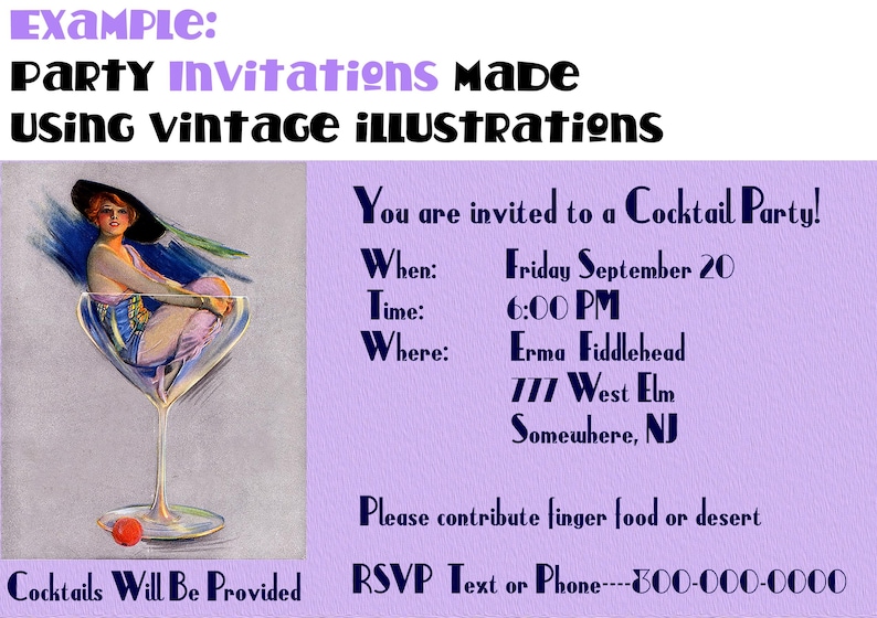 May include: A vintage-style cocktail party invitation with a purple background. The invitation features a woman in a cocktail glass, a cherry, and the text "You are invited to a Cocktail Party!"  "When: Friday September 20"  "Time: 6:00 PM"  "Where: Erma Fiddlehead 777 West Elm Somewhere, NJ"  "Please contribute finger food or desert"  "Cocktails Will Be Provided RSVP Text or Phone---300-000-0000"