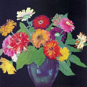 Fantastische kom ZINNIAS.  Vintage BLOEMillustratie. Vintage digitale download. Vintage lentebloemenprint.