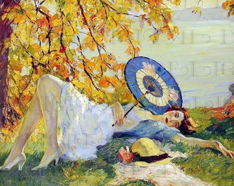 Luxurious Relaxation Under a Tree.  Vintage Illustration. DIGITAL Download. Vintage Flapper Print