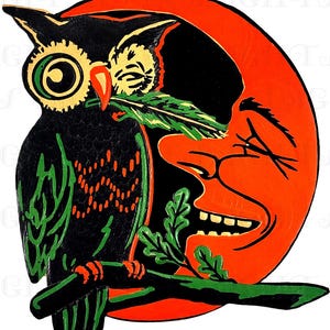 Vintage Halloween Owl Moon Diecut Art Print (Digital Download 8x10in)