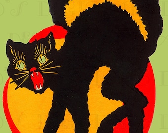 Vintage Halloween schwarze Katze Illustration: 1920er Jahre Art Deco Bild (Digitaler Download)