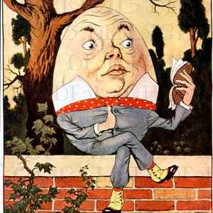De la PRIMERA Edición. Humpty Dumpty lee un buen libro. Descarga digital de Alicia en el País de las Maravillas. Ilustración vintage. Impresión vintage de El País de las Maravillas.