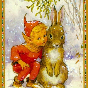 Adorabile piccolo elfo e il suo grande amico coniglietto. Illustrazione vintage. Download digitale vintage. Illustrazione vintage di fata. Arte da stampare.