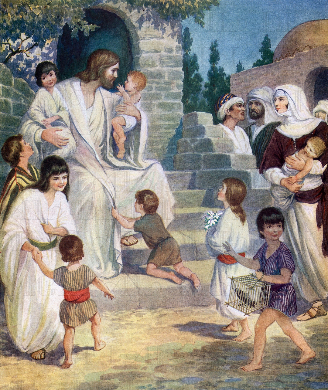 Jesus and the Little Children. Vintage Religious Illustration. Vintage