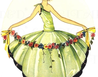 RARE 1920s Deco Flapper with Flower Garland. Digital Download. VINTAGE  ILLUSTRATION
