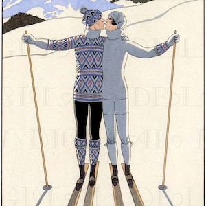 Ein Smooch vor dem Ski fahren. Art Déco. Bär.  Winter Illustration.  Wunderbarer Winter Digitaler Download.