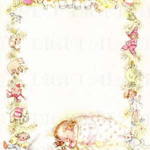 Absolutely Beautiful Color Illustration of a Baby Sleeping from a Vintage Baby Record Book.  Digital ILLUSTRATION Download.