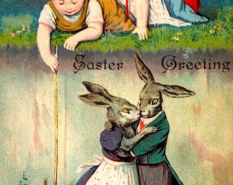 Vintage Easter Bunny Illustration: Adorable Egg Hunt Digital Download