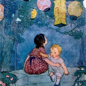 Belle soirée bleue. Une fille et son bébé sont assis sous des lanternes ! Illustration vintage d'enfant. Téléchargement numérique vintage. Image numérique imprimable.