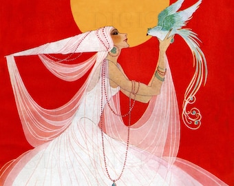 Illustration de clapet des années 1920 : dame Art déco avec oiseau (téléchargement numérique)