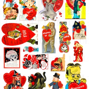Rare! HALLOWEEN Themed VALENTINES! Digital Vintage Valentine COLLAGE. Digital Valentine Clip Art Download! All Sizes