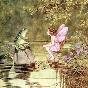 M. FROG discute avec Pink FAIRY ! Illustration vintage de livre de contes. Téléchargement numérique de fée vintage. Impression numérique de fées. Ida Outhwaite.