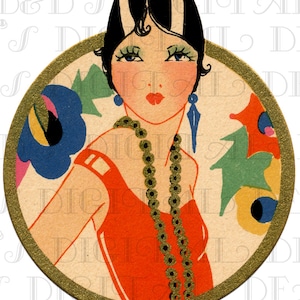 Art Deco Flapper With Bobbed Hair. 1920 VINTAGE Art Deco Bridge Tally. Vintage ILUSTRACJA. Pobierz cyfrową Art Deco Flapper.