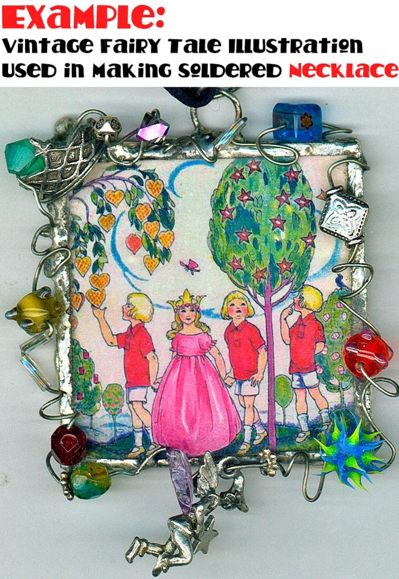 May include: A silver framed picture with a vintage fairy tale illustration of three children in a garden setting. The picture is surrounded by colorful beads and wire, and a silver fairy charm hangs from the bottom.