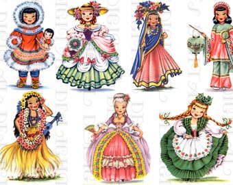 May include: A set of eight illustrations of girls in traditional clothing from different cultures. The girls are wearing dresses, skirts, and pants in a variety of colors and patterns. Some of the girls are holding props, such as a doll, a lantern, and a ukulele.