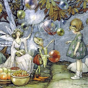Des lutins ENCHANTEURS et des fées enchantent les enfants avec des BULLES ! Illustration de fée vintage. Téléchargement numérique de fée vintage. Impression numérique de fées.