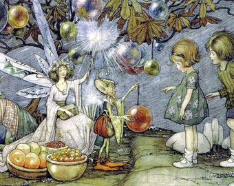 ENCHANTING Elves, Fairies Delight Children With BUBBLES! Vintage Fairy Illustration. Digital Vintage Fairy Download. Digital Fairy Print.