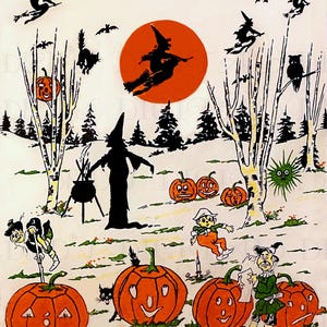RARE! Unusual Halloween Scene. Oddball Green Thing! Halloween Crepe Paper Vintage Illustration. HALLOWEEN Crepe Paper DIGITAL Download.