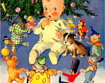 Vintage Weihnachtskarte: Baby mit Spielzeug Illustration (Digitaler Download)