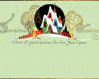 Art Deco Christmas Card: Elegant Cottages Vintage Illustration (Digital Download)