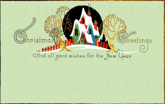 Art Deco Christmas Card: Elegant Cottages Vintage Illustration (Digital Download)