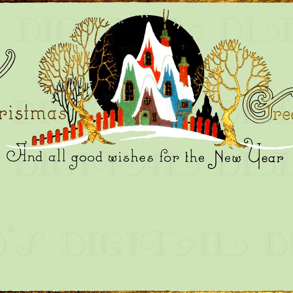 Art Deco Christmas Card: Elegant Cottages Vintage Illustration (Digital Download)