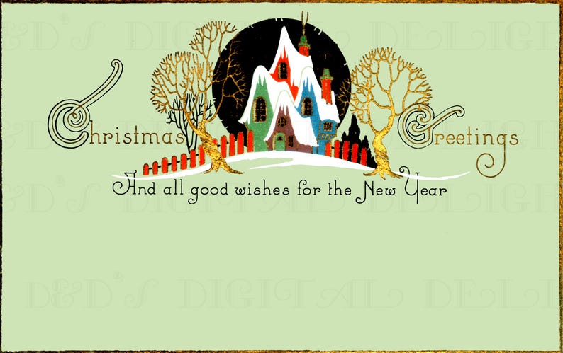 Art Deco Christmas Card: Elegant Cottages Vintage Illustration (Digital Download) image 1
