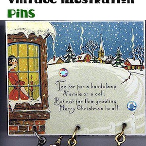May include: A set of four vintage-style Christmas charm pendants. The charms are made of metal and feature a fireplace, a Christmas tree, a stocking, and a bell. The charms are hanging from a white card with the text "Too far for a handclap A smile or a call. But not for this greeting Merry Christmas to all."