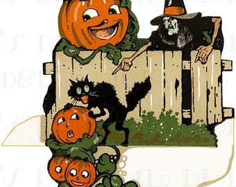 Vintage Halloween Illustration: Ugly Witch Accuses Black Cat Place Card (Digital Download)