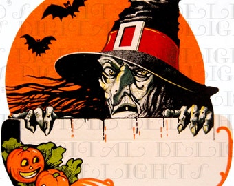 RARE! Ugly Creepy WITCH Over Fence! Vintage Halloween Illustration. Vintage Halloween Digital Download. Vintage Halloween Place Card!