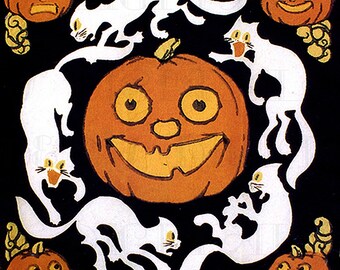 Vintage Halloween Illustration: Kürbis und weiße Katzen (Digitaler Download)