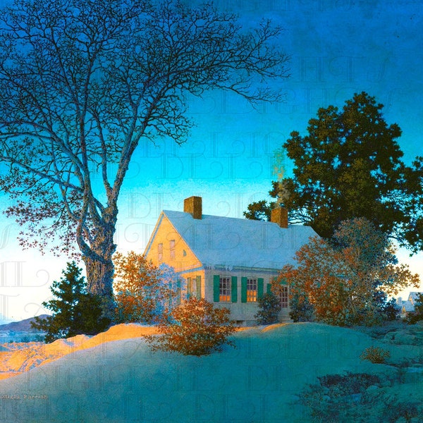 Maxfield Parrish Snow Filled Cottage Christmas/NewYear. Digital CHRISTMAS Card.  Digital VINTAGE Illustration. DIGITAL Christmas Download.