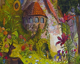 CASTLE Gnome Home! Vintage Fairy Illustration. Fairy DIGITAL Download. Vintage Fairy GNOME Digital Print. Fairy Tale Print!