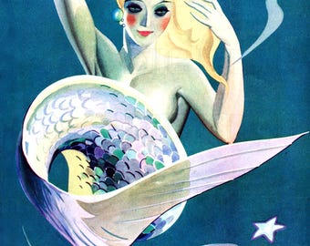 Art Deco Mermaid Illustration: Vintage Digital Download