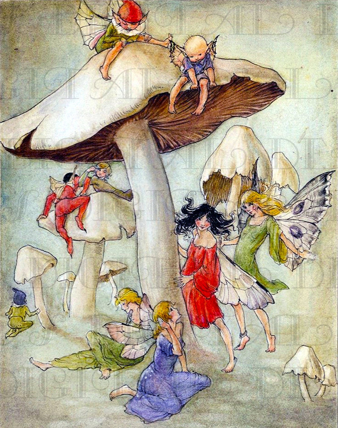 Fairies and ELVES Play on MUSHROOMS Vintage Fairy Illustration. Digital