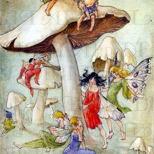 Fairies and ELVES Play on MUSHROOMS Vintage Fairy - Etsy