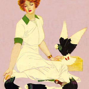 Art Deco Flapper Girl Feeding Birds Print: Vintage Coles Phillips Illustration (Digital Download