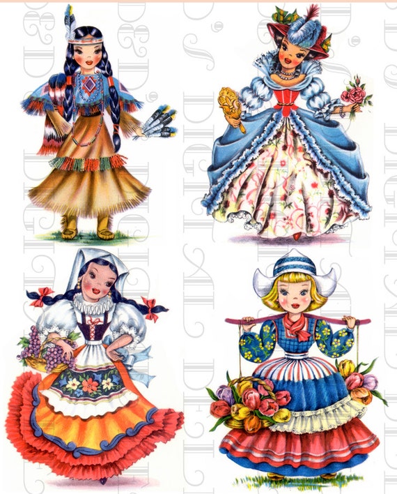Dolls Of Many Countries Vintage Illustrations Digital Collage Download Printable Digital Collage Sheet Six 4 Girls For Paper Craft 3