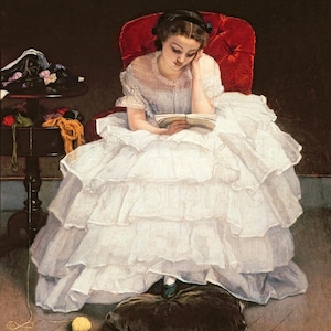 Vintage Lady Reading Illustration: White Gown, Book Lover (Digital Download)
