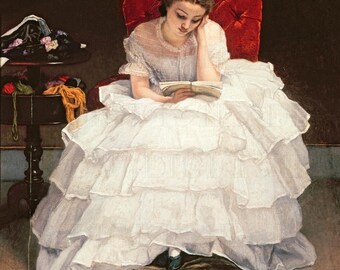 Scrumptious Layered White Gown Lady READING. Digital VINTAGE Reading ILLUSTRATION. Vintage Digital Book Download. Perfect Greeting Card