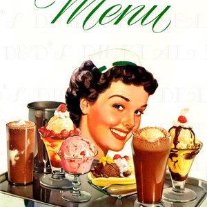 MENU per cameriere, gelati e tavola calda. Copertina del menu vintage retrò DIGITALE originale degli anni '50. Illustrazione vintage scaricabile digitalmente.